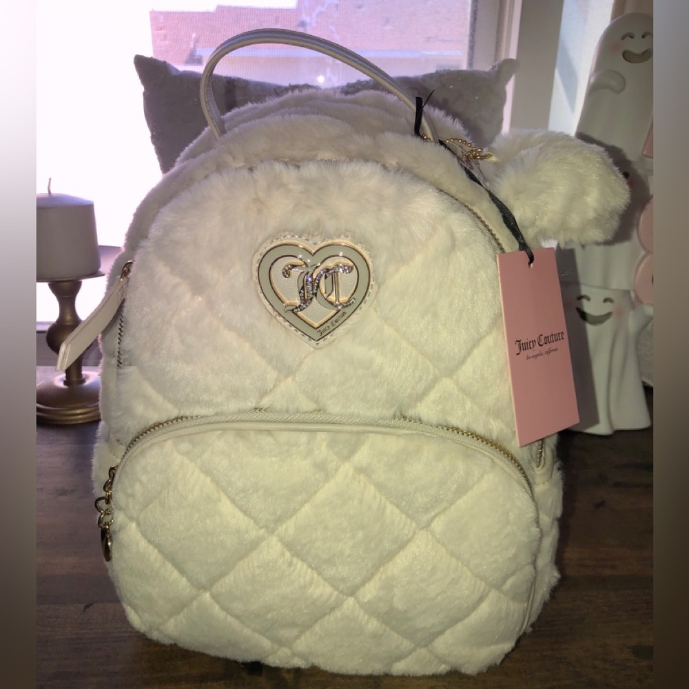 Juicy Couture Faux Fur Let’s Get Cozy Backpack, Angel Color, Rhinestones, NWT